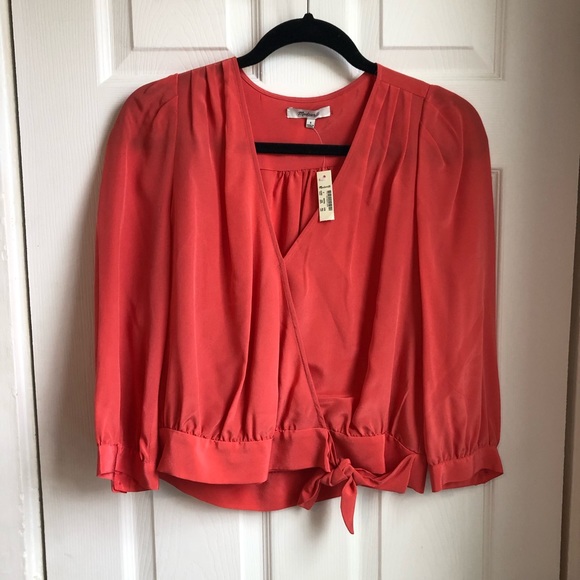 NWT Madewell silk wrap top in CORAL - Picture 3 of 5